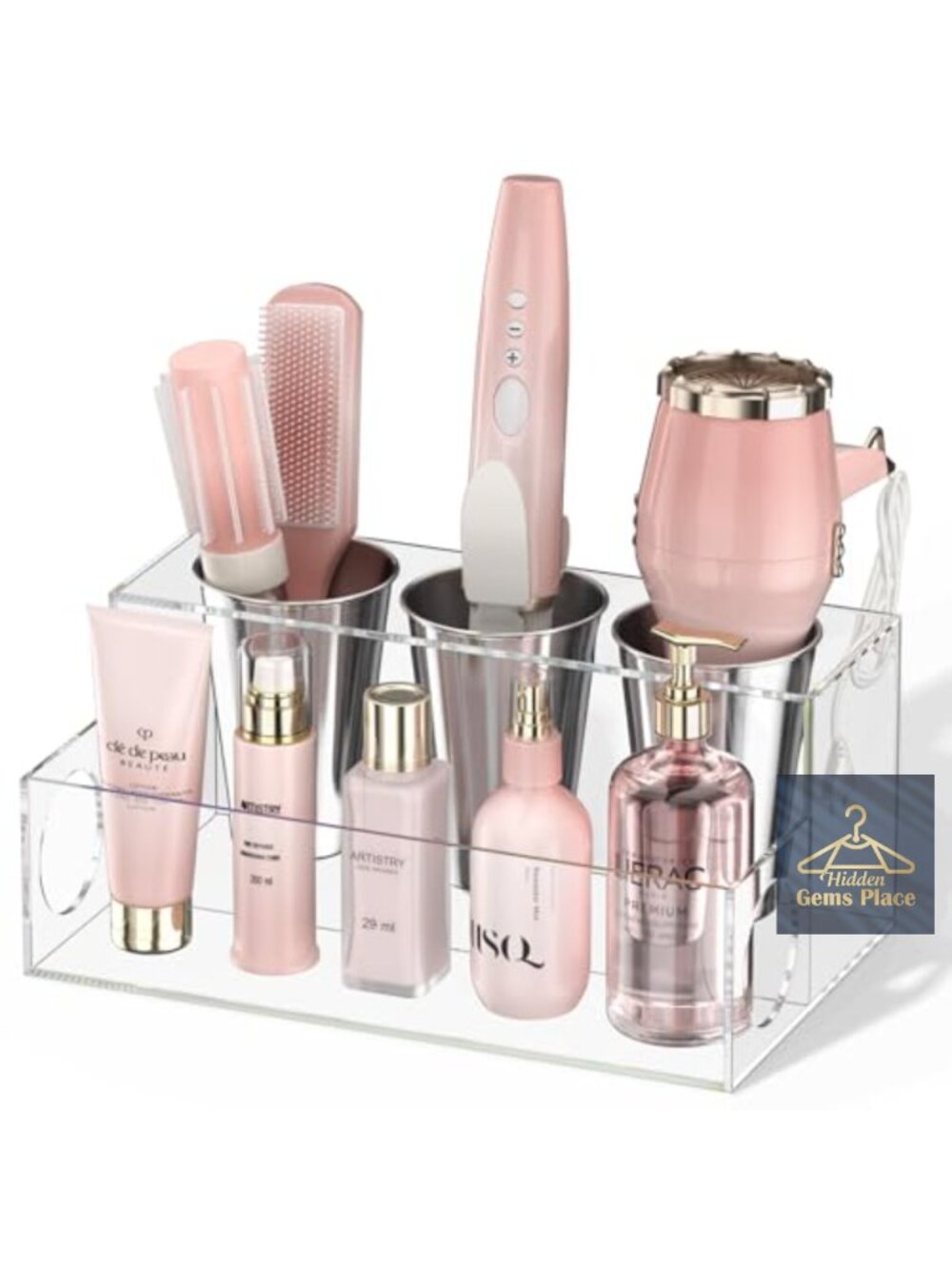 Acrylic Hair Tool Organizer with 3 Stainless Steel Cups for Hot Tools & Makeup